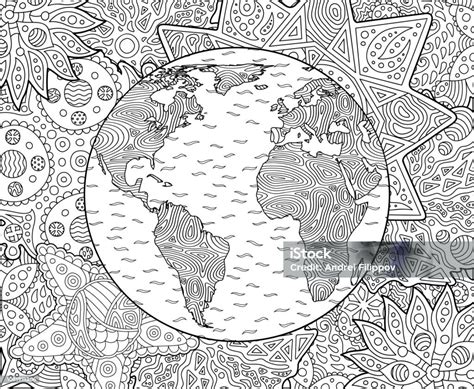 Adult Coloring Book Page With Planet Earth Stock Illustration