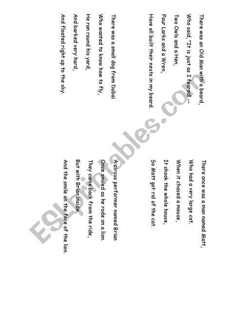 Limerick Examples And Activities Esl Worksheet By Becky175
