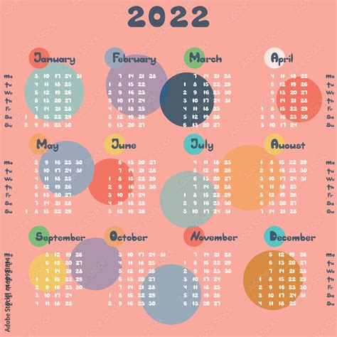 Colorful Calendar 2022 Design Vector Template Of 12 Months And Week