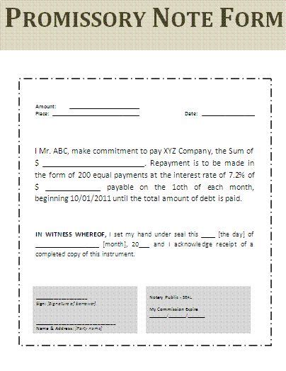 sample simple promissory note template forms