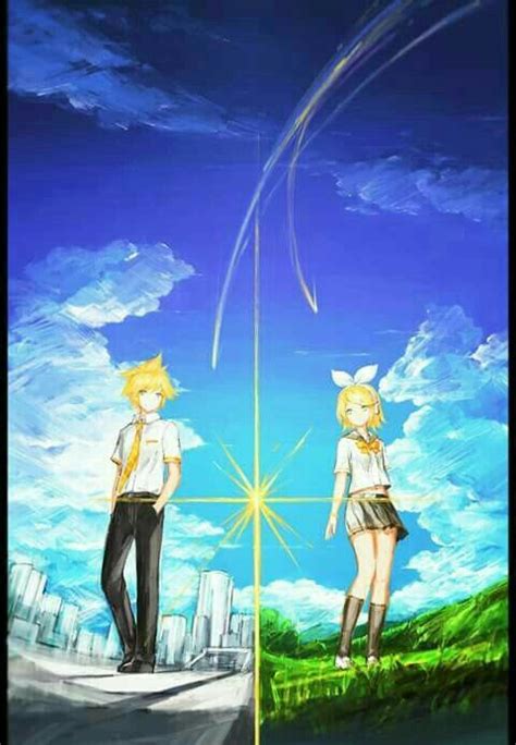 Two Anime Characters Standing Next To Each Other In Front Of A Blue Sky
