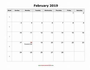 Blank Holidays Calendar February 2019 Landscape