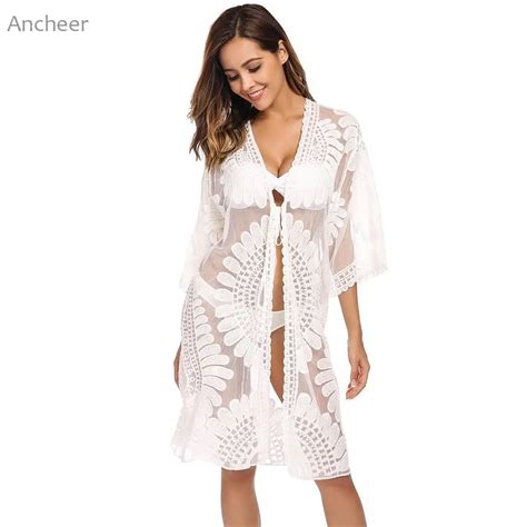 Womens Lace Cover Ups 34 Sleeve Women Up Floral Beach Dress New Brand 2018 Bikini Cover Up