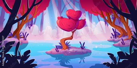 fantasy tree with hearts shape crown in forest swamp vector cartoon landscape with magic red