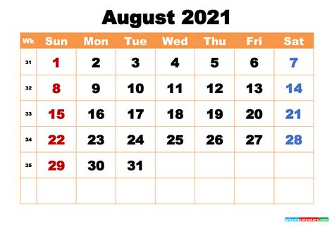 August 2021 Printable Monthly Calendar With Holidays