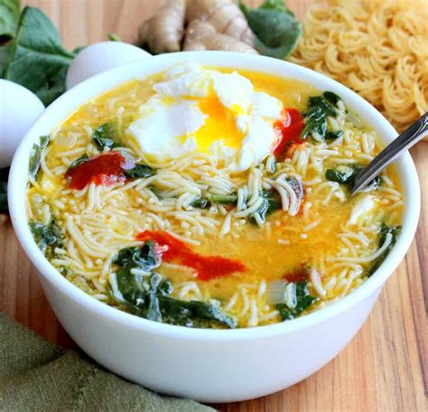 And the beaten egg added at the end helps to thicken the broth and bind everything together. Spinach-Ramen Noodle Soup with Poached Egg - How To Feed A ...