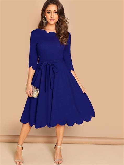 Shein Scallop Trim Belted Fit And Flare Dress Flare Dress Fit Flare
