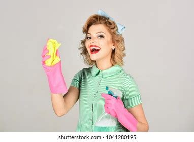 Housekeeper Uniform Clean Spray Duster Cleaning Stock Photo