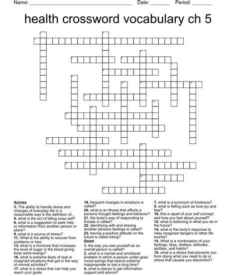 Health Crossword Vocabulary Ch 5 Wordmint