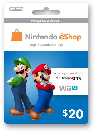 These handy cards come in amounts of $10, $20, $35, or $50. Nintendo eShop Prepaid Card $20 US Key