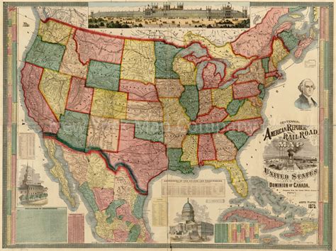 1875 Map Centennial American Republic And Railroad Map Of The United