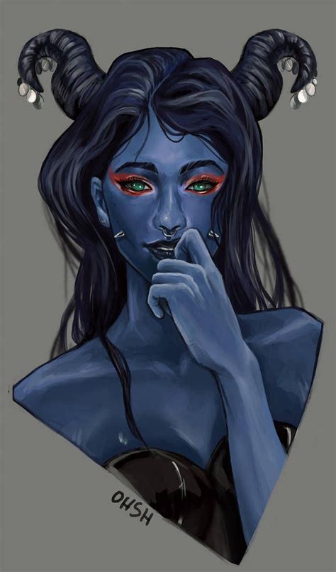 Blue Skinned Female Tiefling Character For DnD Pathfinder Fantasy Character Design