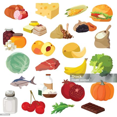 Ilustración De Frutas Verduras Grasas Carne Cereales Productos Lácteos