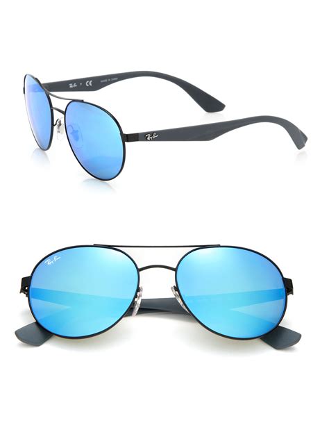 Ray Ban Phantos 55mm Mirrored Metal Injected Aviator Sunglasses In Black For Men Black Blue Lyst