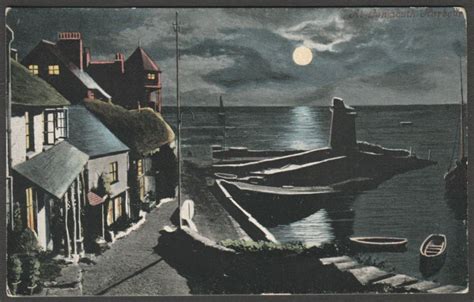Moonlit Lynmouth Harbour Devon C1910 Valentines Postcard For