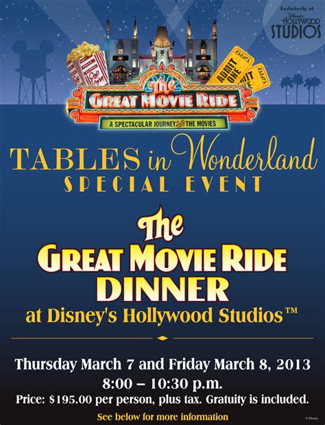The great movie ride opened up with the rest of the park on may 1, 1989. Tables in Wonderland March Events: The Great Movie Ride Dinner