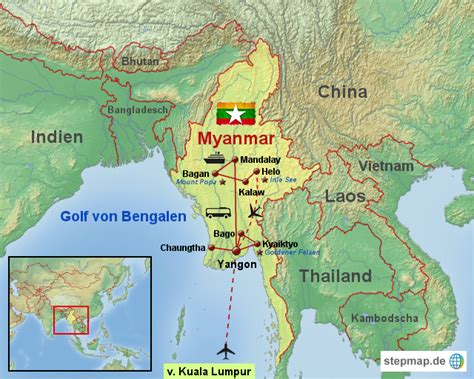 It is the second largest country in the southeast asia region. StepMap - Myanmar - Landkarte für Asien