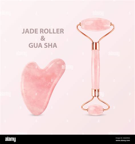 Vector 3d Realistic Jade Roller Gua Sha Scraping Massage Tool Set Natural Pink Rose Quartz