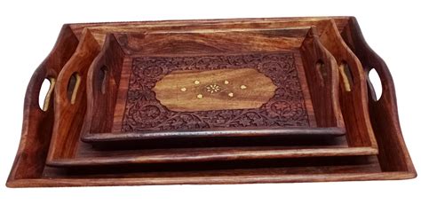 Handcrafted Sheesham Wood With Brass Work Serving Tray Set Of Etsy
