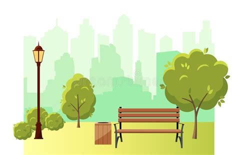 Beautiful Summer City Park With Green Trees Bench Lantern And Walkway Stock Vector