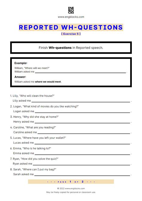 Reported Wh Questions Exercise 5 Worksheet English Grammar