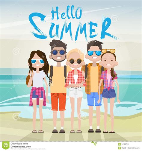 Young People Group On Sea Shore Sand Beach Summer Vacation Tourist On