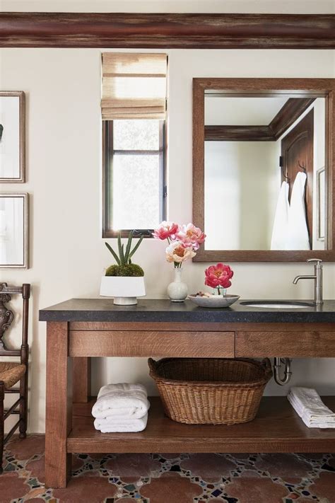 Malibu Spanish Colonial Bathroom With Farmhouse Style Open Shelf Sink