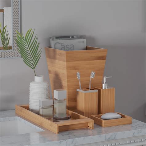 Bamboo Bath Accessories-5-Piece Set Natural Wood Tray, Lotion Dispenser ...