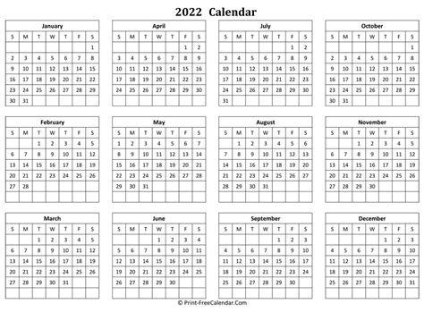Calendar Yearly 2022 Landscape Layout
