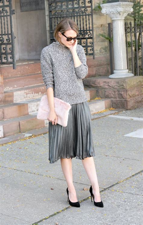 Cozy Sweater Pleated Midi Skirt Pleated Skirt Outfit Fashion Gray