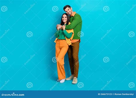 Full Length Photo Of Loving Care Two People Cuddle Comfy Enjoy Time Together Isolated On Blue
