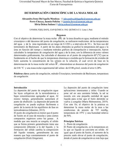 Informe N°08 Determinación Crioscópica De La Masa Molar Curso De