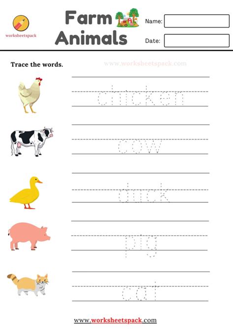 Farm Animals Words Tracing Worksheets Worksheetspack