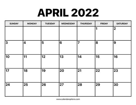 April Calendar 2022 Calendar Options