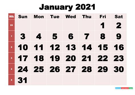 Free Printable Monthly Calendar January 2021