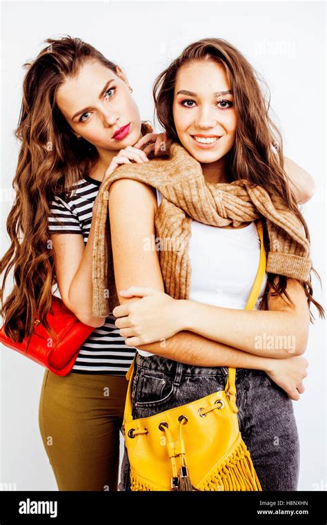 Two Best Friends Teenage Girls Together Having Fun Posing Emotional On