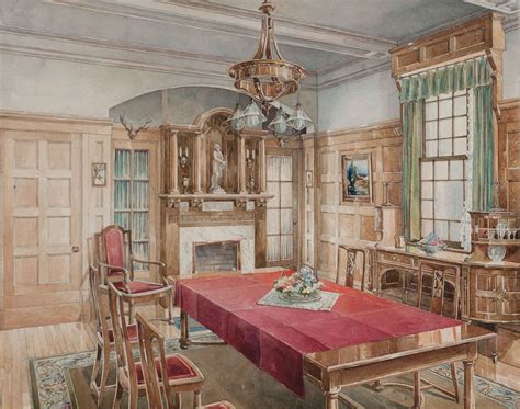 Rugs and carpets separate different spaces for convenience and use. English School, 20th Century , An interior of a dining ...