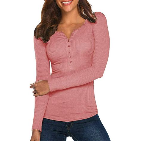 Pink Queen Womens Henley Shirts Long Sleeve V Neck Ribbed Button