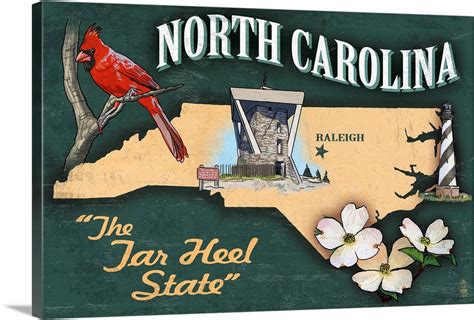 North Carolina State Icons Retro Travel Poster Wall Art Canvas