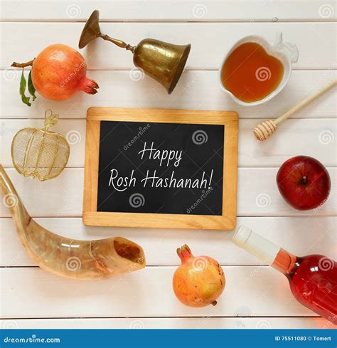 Rosh Hashanah Jewish New Year Concept Traditional Symbols Stock