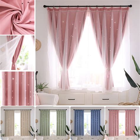 Romantic Double Layer Tulle Sheer Curtain Blackout Curtains Hollow Out Stars Eyelet Ring Top