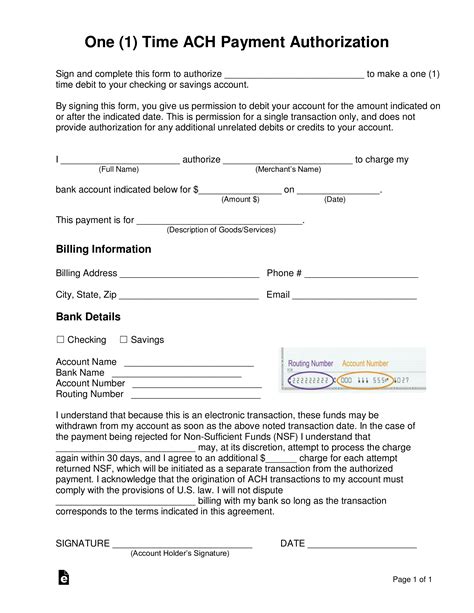 Free One 1 Time Ach Payment Authorization Form Pdf Word Eforms