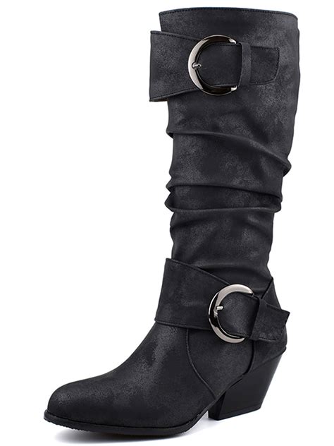 Wodstyle Women S Slouch Boots Winter Warm Mid Calf Chunky Buckle