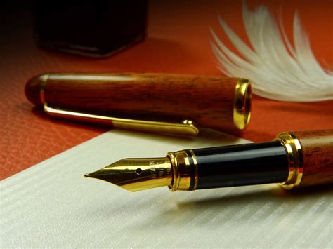 Close Up Composition Desk Document Feather Fountain Pen Gold Ink