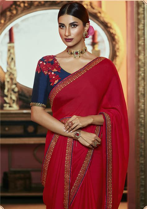 Red Silk Saree Plain And Emboirdered Lace Border With Embroidered Blouse Brithika Luxury Fashion