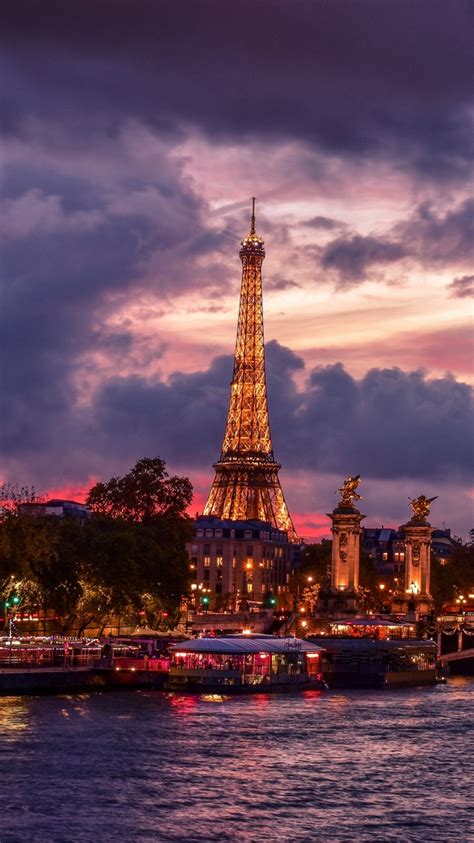 Download Wallpaper 750x1334 Eiffel Tower Night City Paris Clouds