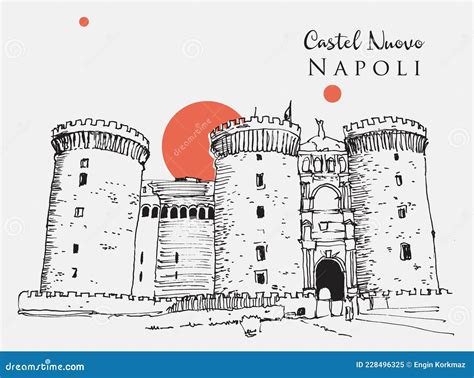 Drawing Sketch Illustration Of Castel Nuovo In Naples Italy Stock