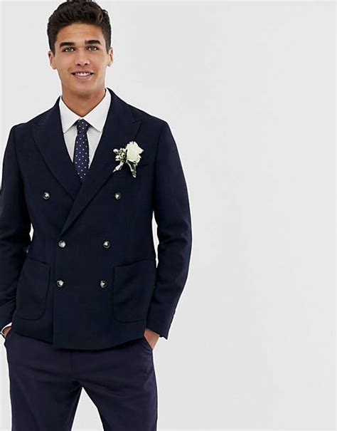 Moss London Skinny Double Breasted Suit Jacket In Navy Asos