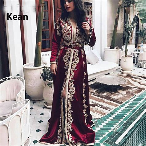 Burgundy Moroccan Kaftan Muslim Evening Dress Full Sleeve Gold Lace Islamic Dubai Kaftan Saudi