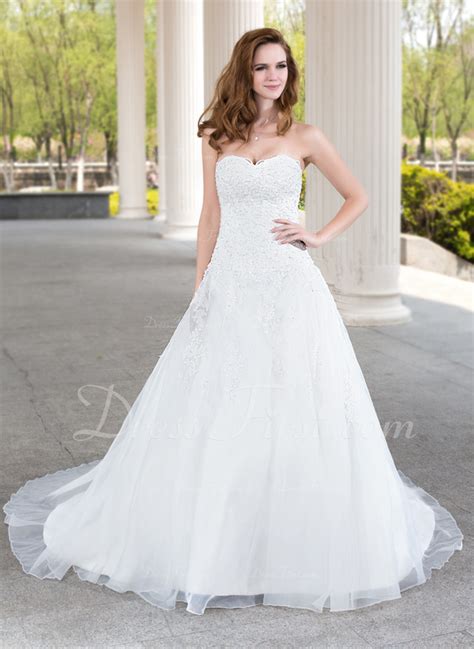 Ball Gown Sweetheart Court Train Satin Organza Lace Wedding Dress With